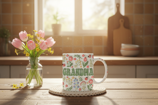 Grandma Floral 3D effect Mug in cozy kitchen setting