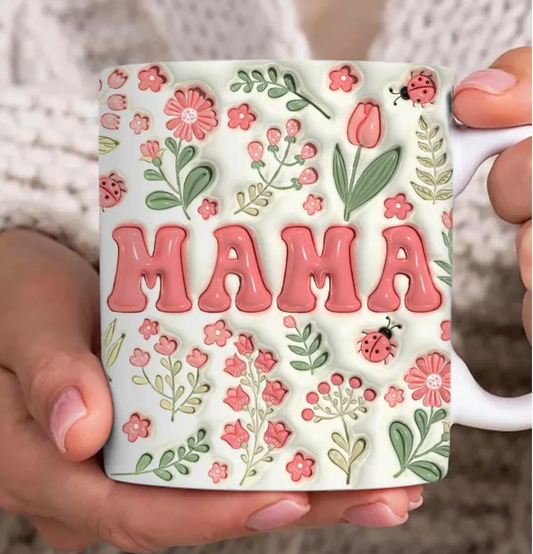 “Mama” Floral Ceramic Mug – Raised effect Letter Coffee Cup | Cute Gift for Mom