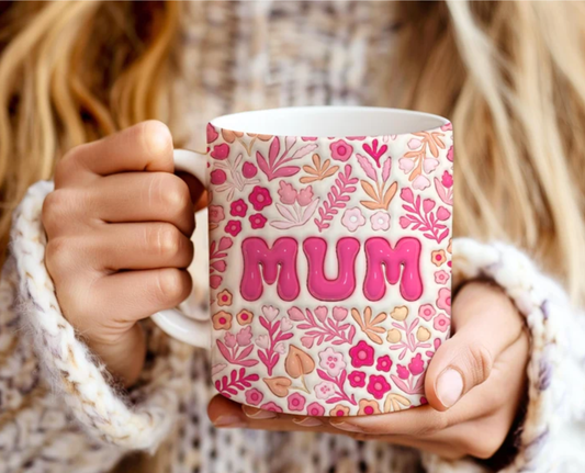 3D Effect Mum Mug 11oz – Floral Pink “MUM” Coffee Cup | Mother’s Day Gift for Mum